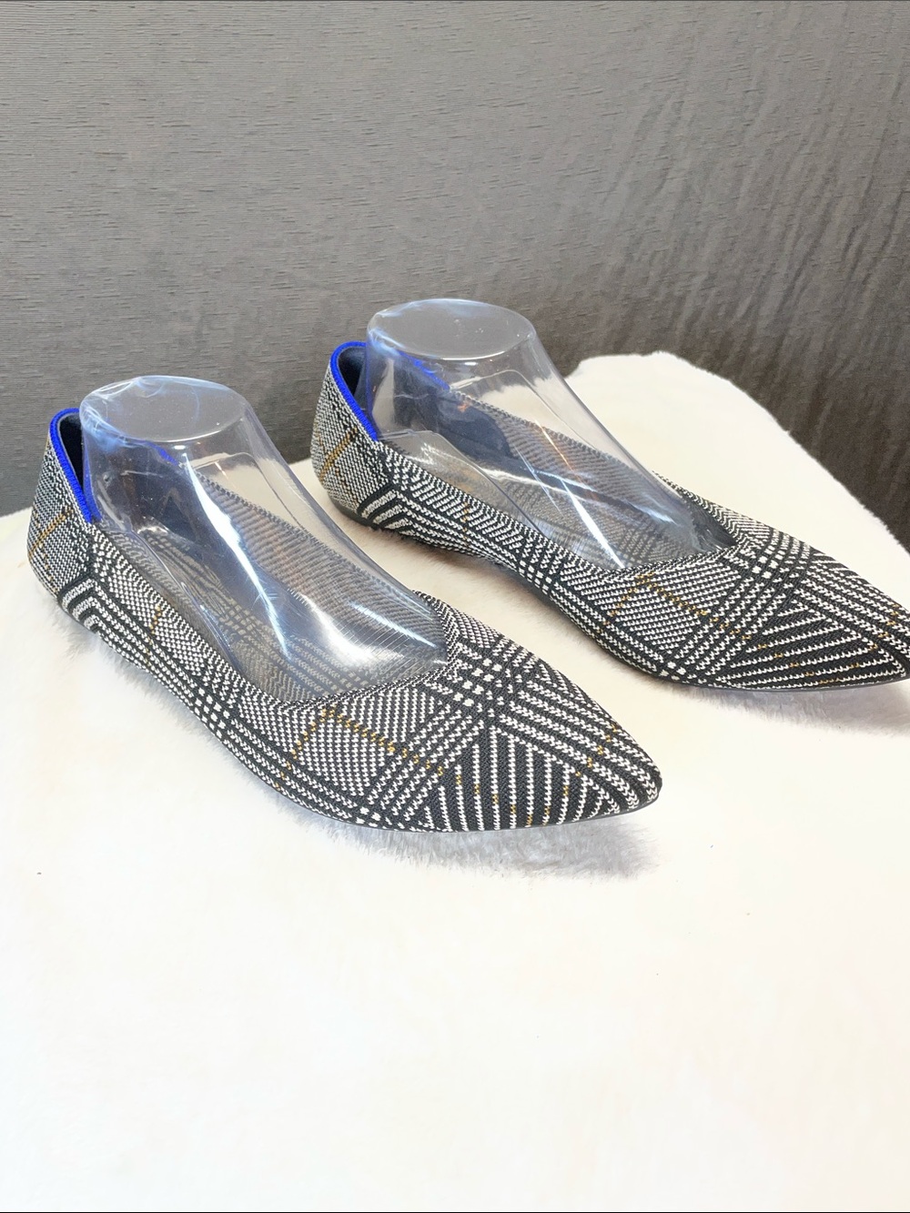 Rothy's Black and White Plaid Pointed Flats with Blue Heel Trim